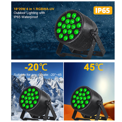 ضوء دي جي 18pcs 20W 6IN1 RGBWA-UV طابق مسطح خارجية معماري غسل الضوء IP65 18x20W LED مقاوم للماء Par