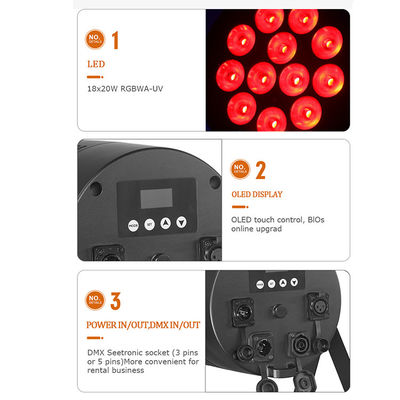 ضوء المسرح الخارجي IP65 مقاوم للماء 18x20W LED Par RGBWA+UV 6 في 1 DMX512 غسل الضوء لحفلات الزفاف