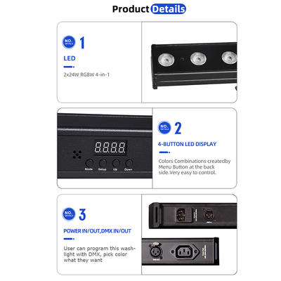 غسل الضوء IP20 DMX512 حل الموسيقى الذكية المتقدمة 24 * 2W RGBW أضواء LED خطية شريط غسالة جدار