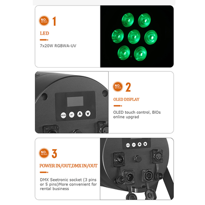 7x20w IP65 DMX512 مرحلة مضاءات الحفلات البار Rgbwa-uv 6in1 Led Par Can Light DJ الحفلات الديسكو
