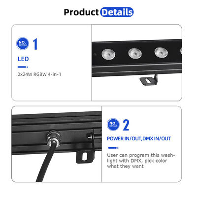 2x24W RGBW 4-in-1 IP65 خارجي LED خطي الجدار - DMX512 ضوء غسيل مقاوم للماء للبناء والجسور والمناظر الطبيعية