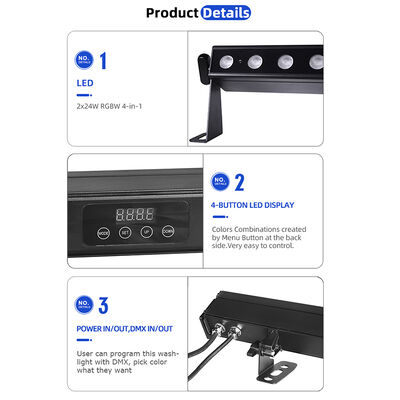 2x12W/24W RGBW 4 في 1 IP65 يعمل بالبطارية LED جدار غسالة بار — لاسلكي لاسلكي DMX512 ضوء غسيل للمسرح والمباني والفعاليات